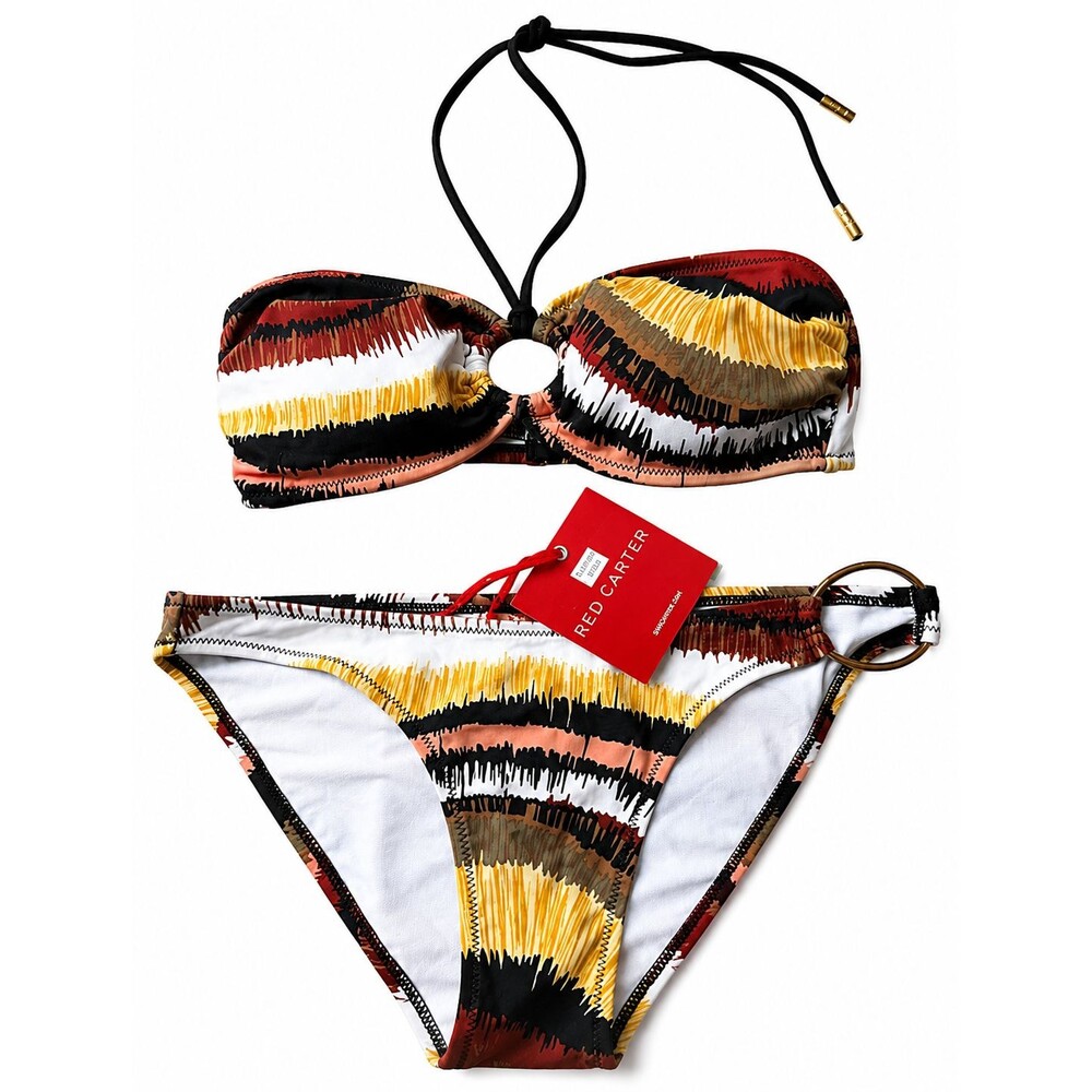 Red Carter Bikini Swimsuit Size Small Multi Stripe O-Ring Bandeau Top Women's